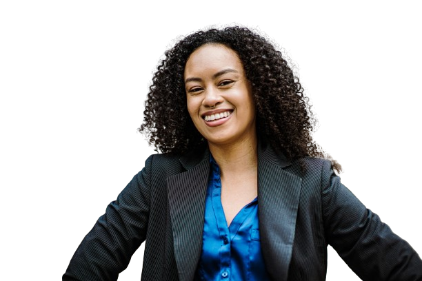 Smiling professional woman with dark curly hair.